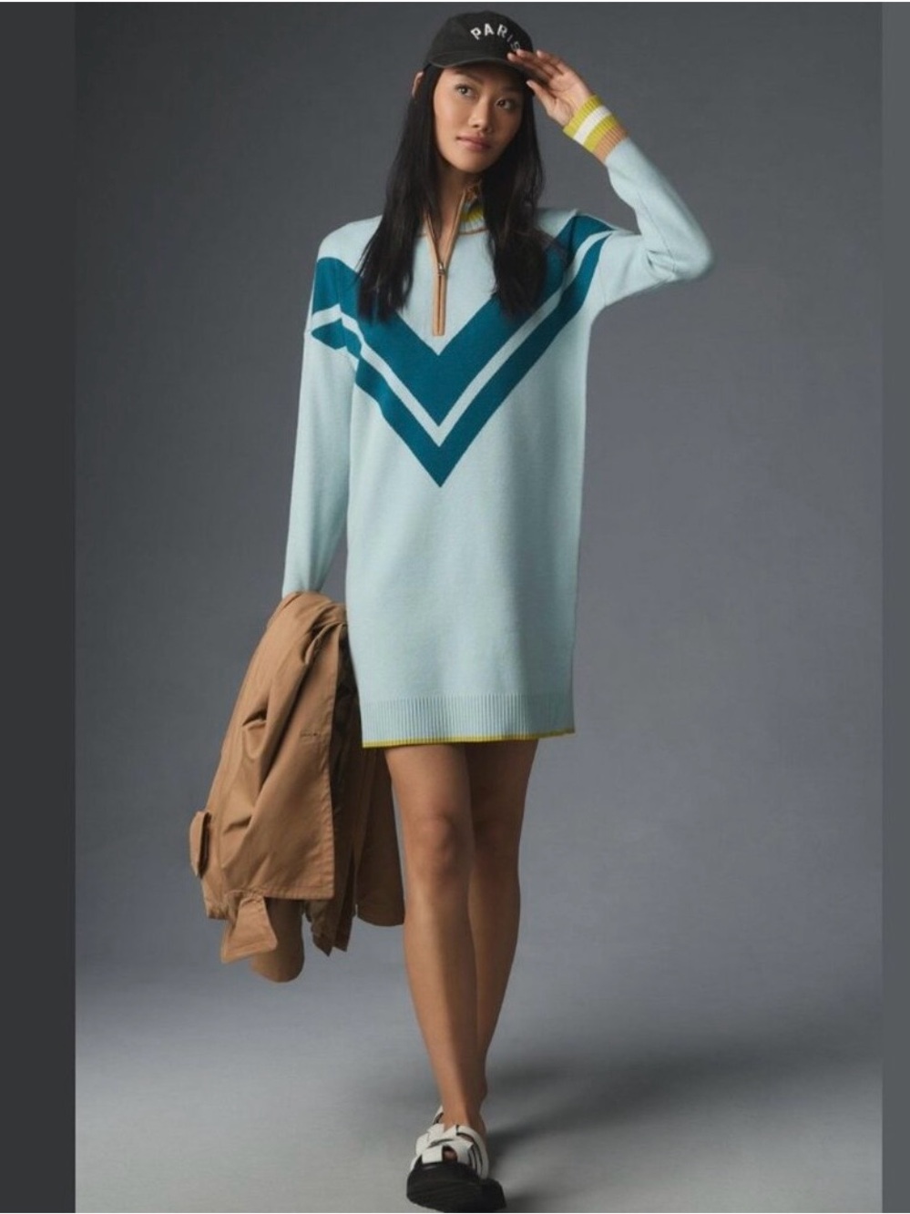 Maeve  Anthropologie Light Blue Chevron Zip-Front Turtleneck Sweater